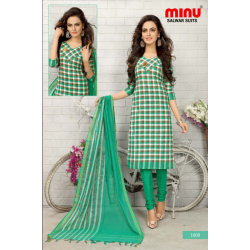 Minu Green Cotton Check Print Handloom Material Salwarsuit