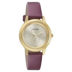 Floral Folkart inspired Champagne Dial Leather Strap Watch