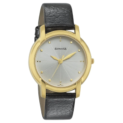 Silver Dial Black Leather Strap Watch