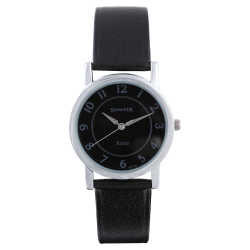 Black Dial Black Leather Strap Watch