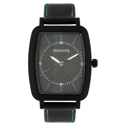 Black Dial Black Leather Strap Watch