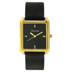 Black Dial Black Leather Strap Watch