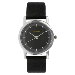 Black Dial Black Leather Strap Watch