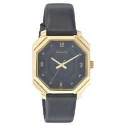 Black Dial Black Leather Strap Watch