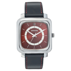 Red Dial Black Leather Strap Watch