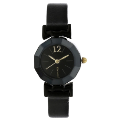 Black Dial Black Leather Strap Watch